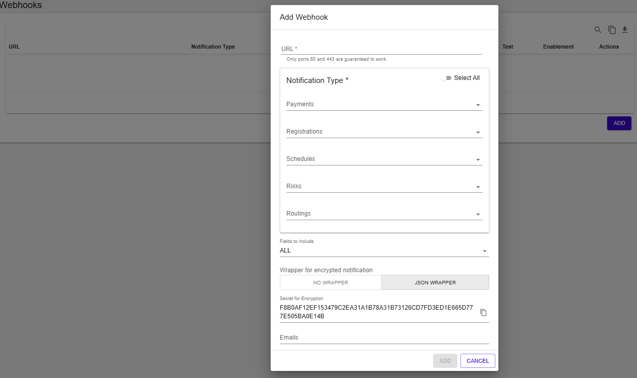 Shopify Embedded Cards: Add Webhook dialog